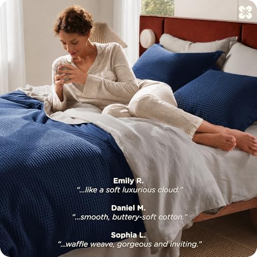 Bedsure PureWoven 3 Pieces 100% Cotton Waffle Weave Duvet Cover Set, Navy