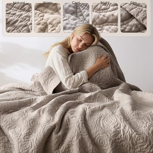 WDCOZY Dark Beige 100% Cotton Quilt Queen Size Bedding Sets with 2 Pillow Shams, Floral Rosette Lightweight Bedspread Soft Farmhouse Patterned Coverlet Quilted Comforter Bed Cover All Season, 3 Pieces