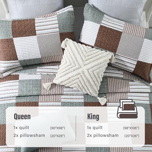 Y-PLWOMEN 100% Cotton King Size Quilt Farmhouse Plaid 3-Pieces Bedding