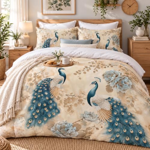 CCoutueChen Peacock Comforter Set Full Size, Oriental Birds Floral Bedding Set, 3 Pieces Asian Bedroom Decor with 2 Pillowcases/79 * 90