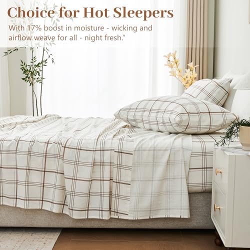 MEISHANG 100% French Pure Linen Sheets Queen Size - Bed Sheets 4 Piece Sets, Soft Durable Flax Linen, Anti-Tear Breathable Moisture Wicking with 16" Deep Pocket (Linen Plaid)