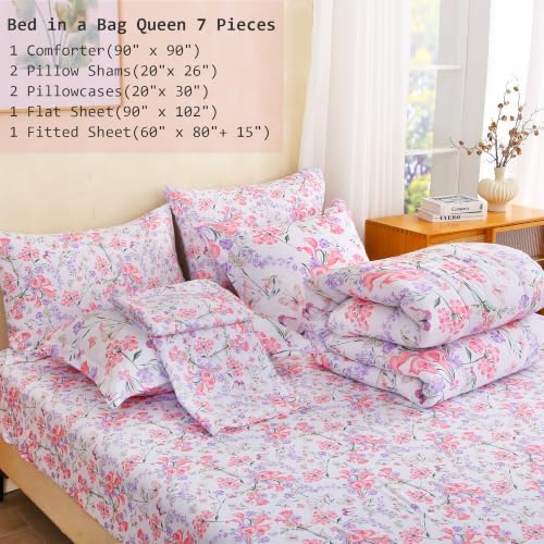lasoftan Floral Queen Comforter Set with Sheets, 7 piece Luxury Vintage Bedding, Soft Microfiber Bed in a Bag, Cozy Lightweight Bed Set, Pink Floral Botanical