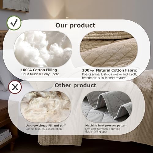 PALASSIO Striped Dark Beige 100% Cotton Quilt California Cal King Size Bedding Set, Oversized Lightweight Channel Pick Stitch Textured Bedspread Soft Farmhouse Country Coverlet for All Season, 2 Shams
