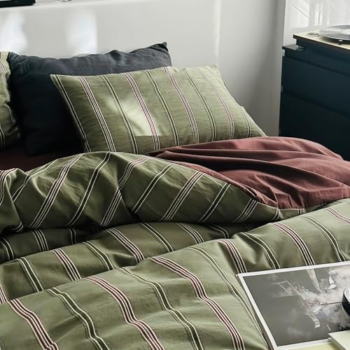 mixinni Vintage Striped Duvet Cover Set Queen – 100% Cotton Reversible Jacquard Bedding Set, Retro Olive Green & Terracotta Comforter Cover, Soft Breathable 3-Piece(1 Duvet Cover+2 Pillowcases)