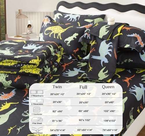 SDY 7PCS Dinosaur Comforter Set Full Size Cute Printed Comforter Sets Bed in a Bag for Toddler,Girls Boys and Kids,Dinosaur Bedding with 1Comforter, FlatSheet, FittedSheet and Pillowcases & Shams