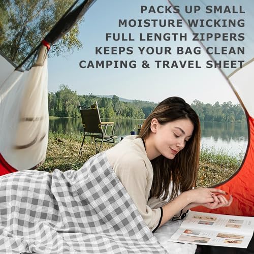 100% Cotton Sleeping Bag Liner with Full Length Zipper on 3 Sides; Single/Double Adult Sleep Sack for Travel & Camping, Multifunctional Travel Sheets (Unzipped 87”x87”) for Hotel, Lightweight