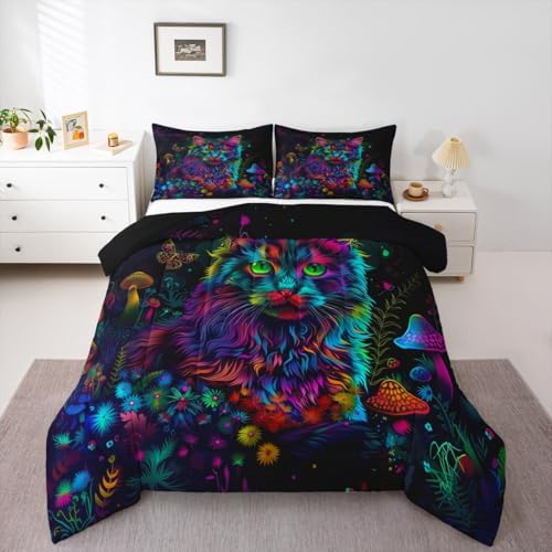 Manfei Neon Cat Kids Comforter Set Full Size,Daisy Flowers Mushroom Botanical Rustic Bedding Set,Girls Boys Room Decor,Butterfly Leaf Jungle Quilt Comforter,Farmhouse Retro Duvet Insert,2 Pillowcases