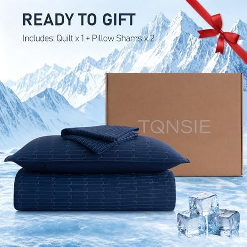 Cooling Quilt Bedspreads Twin Size for Hot Sleeper,Q-Max>0.45 Lightweight Summer Comforter Absorbs Heat to Keep Adults Cool for Night Sweats,Cloud Quilt with 2 Shams for All Season,Navy Blue