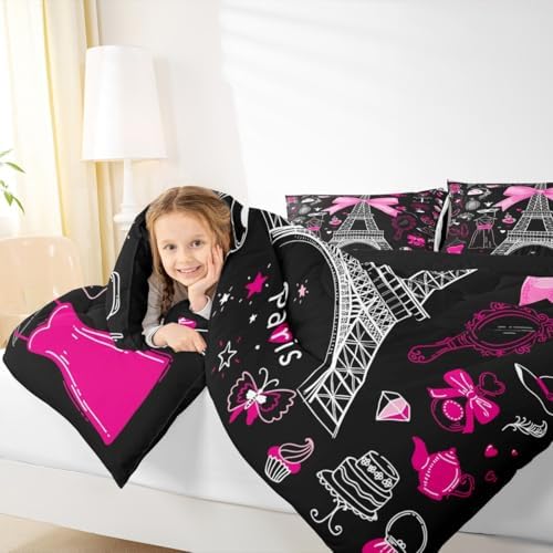 Paris Bedding Love Decor,Eiffel Tower of France Comforter Set,Romantic City Building Down Comforter Full,Make-Up Theme Princess Girls Pink Room Decor Dress Chic Fashion Duvet Insert for Women