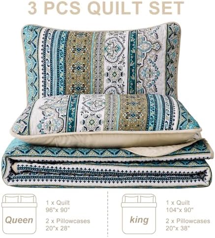 WONGS BEDDING Boho Quilt King Size,3 Pcs Bedspread Bedding Set, Blue Brown