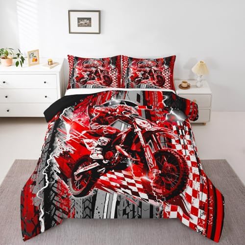 Feelyou Dirt Bike Kids Bedding Set,Boys Girls Queen Size,Racing Motocross Comforter Set,Extreme Sports Ultra Soft Duvet Quilt,Motorcycle Comforter Motorbike Bedroom Decor Red