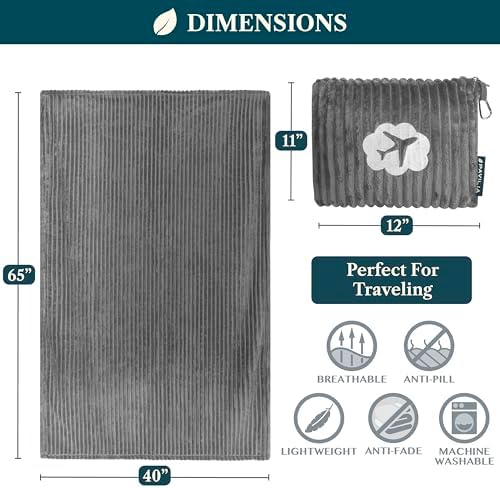 PAVILIA Travel Blanket Pillow, Soft Ribbed Fleece Airplane Blanket, Gray