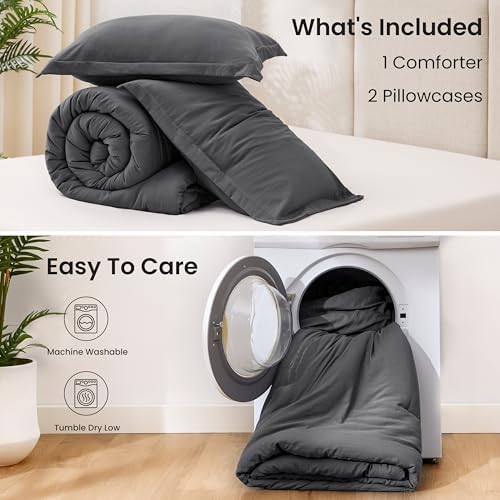 Love's cabin Dark Grey King Size Comforter Set, 3-Piece Prewashed Bed Set