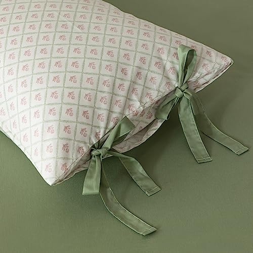 VM VOUGEMARKET Red Flower Duvet Cover Set Queen Green Grid Duvet Cover with 2 Bow Ties Pillowcases 100% Cotton Vintage Country Style Girls Comforter Cover with Zipper Closure