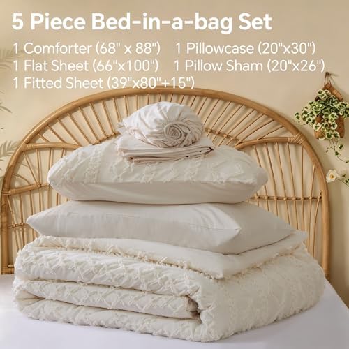 BEDELITE Twin XL Comforter Set 5 Pieces,Boho Bed in a Bag,Cream White