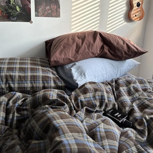 mixinni Vintage Blue & Brown Buffalo Plaid Comforter Set Twin XL Size - 3-Piece Washed Cotton Soft Geometric Checkered Pattern Bedding Set for All-Seasons Lightweight & Breathable-Twin XL Size