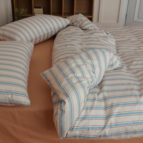 LifeTB Striped Comforter Set Twin XL Size, Fluffy Soft Blue Brown Stripes Pattern Printed Bedding Set, 3 Pieces Lightweight Bedding Comforter Set, Breathable Striped Bed Comforter with 2 Pillowcases