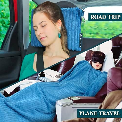 PAVILIA Travel Blanket and Pillow, Soft Ribbed Fleece Airplane, Teal Blue