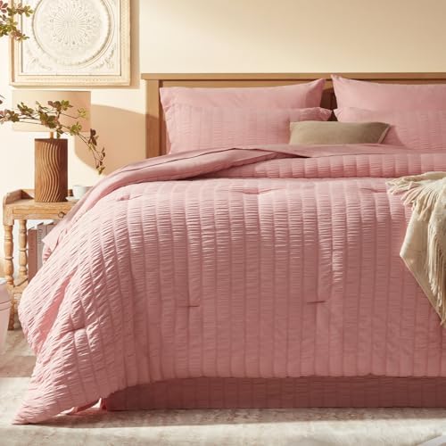 Laojin Balhen Queen Comforter Set 7 Pieces, Pink Seersucker Bed in a Bag Set Queen Size, All Season Luxury Bedding Sets with Comforter, Sheets, Pillowcase & Sham