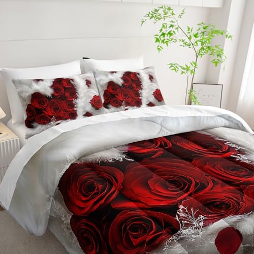 7 Piece Rose White and Red Comforter Set Queen Size Bed,Valentine’S Day Valentines Day Bedding Queen Floral,(1 Comforter, 1 Flat Sheet, 1 Fitted Sheet, 2 Pillowcase and 2 Pillow Sham)