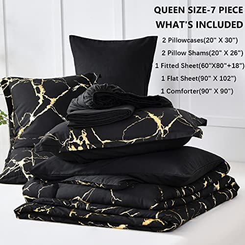 Yogeneg Gold Metallic Marble Comforter Set Queen Size,7 Piece Bed in a Bag,Foil Print Glitter Black Comforter and Sheet Set,All Season Soft Microfiber Complete Bedding Sets(Black,Queen)