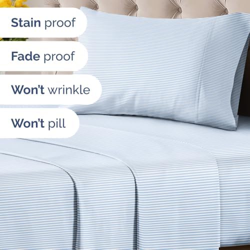 Twin XL 3 Piece Striped Sheet Set - Soft & Cooling - Sky Blue Pinstripe