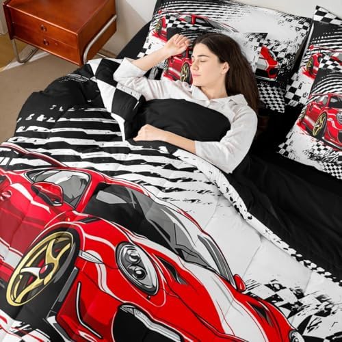 jejeloiu Red Race Car Comforter Set with Sheets 7 Piece Twin Size