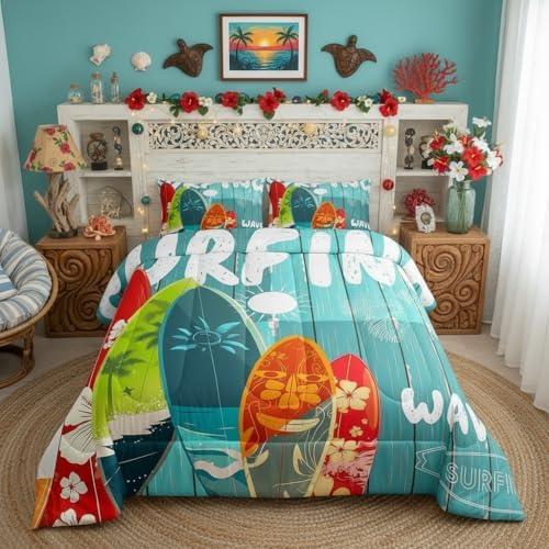 Surfboard Surf Comforter Set Full,Blue Rustic Farmhouse Wooden Board Duvet Insert Sun Flowers Palm Tree Silhouette Bedding Set for Kids Teens Adults,Hawaiian Ocean Style Quilted Duvet,2 Pillowcases