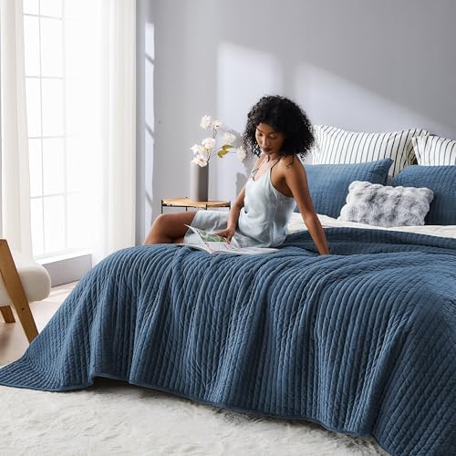 Wonderful - Velvet Quilt Set Queen Size Dusty Blue Soft Cotton-Feel Plush Coverlet with Shams, Premium Vertical Channel Stitched, Lightweight All-Season Bedspread