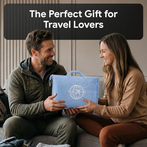 2-in-1 Travel Blanket and Pillow โ Lightweight, Compact, Ultra Soft, Machine Washable โ Handle, Luggage Sleeve, Backpack Clip โ for Travel Airplane, Car, Office (Light blue)