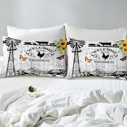 Erosebridal Windmill Bedding King Size, Rustic Farmhouse Comforter Set Retro Vintage Windmill Bedding Comforter Sets, Wooden Planks Barn Door Down Comforter with 2 Pillowcases for All Season