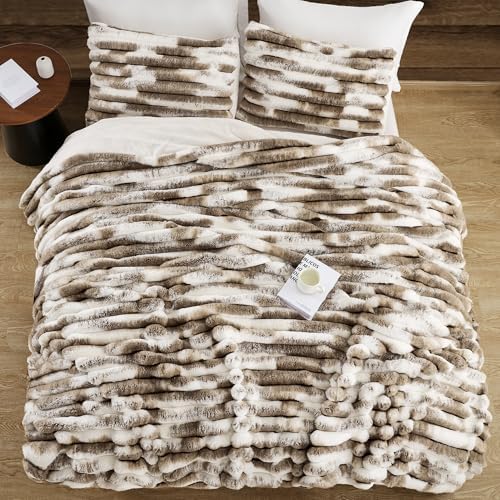 Wonderful Fluffy Faux Rabbit Fur Comforter Set Queen Size, Striped Stitching Tie-Dye Khaki Plush Fuzzy Bedding Set 3 Pieces, Warm Soft Comforter Bedding Set for Winter, 90"x90"
