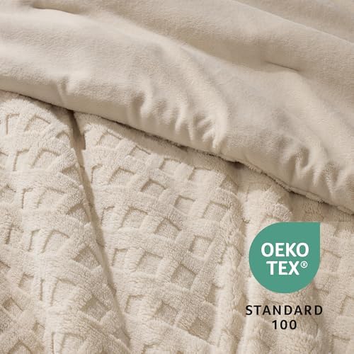 Teddy Waffle Texture Plush Fleece Comforter Set Queen Size, Creamy Beige