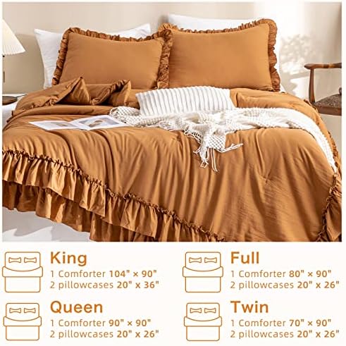 Masaca Pumpkin Color Ruffle Comforter Queen Size,Farmhouse Shabby Boho Chic Queen Bedding Comforter Set,3pcs Ultra Soft Fluffy Brown Orange Comforter Sets for Queen Bed with 2 Ruffled Pillowcases