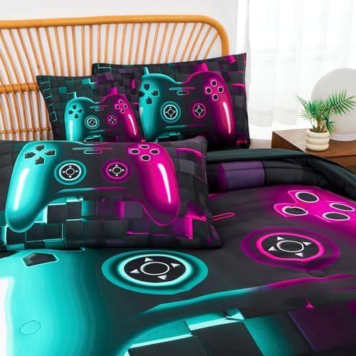 PERFEMET Gamer Boys Queen Comforter Set 6 Pieces Purple Teal Kids Bed Set