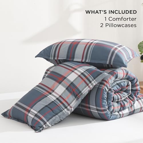 Andency Navy Plaid Comforter Set Full, Gingham Checkered Grid Bedding Set