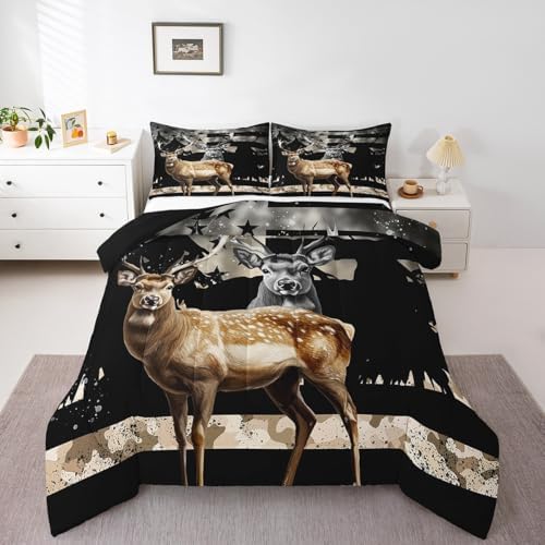 Feelyou Snowy Forest Deer Comforter Set with 1 Pillowcases,Camo American Flag Toddler Bed in a Bag Rustic Hunting Wild Animal Bedding Set for Teen Mens Bedroom Decor,Elk Comforter Boys Room Decor