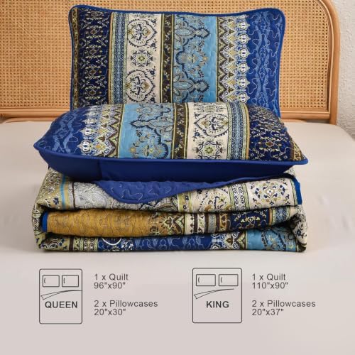 WONGS BEDDING Boho Quilt King Size,3 Pcs Bedspread Set, Blue Brown