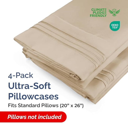 Standard Pillow Cases Set of 4 - Ultra Soft Hotel Quality Pillowcase Covers - Comfy Cozy Bedding for Women, Men, Kids & Teens - Machine Washable Pillow Protectors - 4 Piece Set - Standard Size Cream