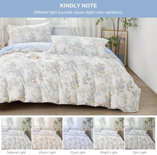SAPHREAS Botanical Leaves Printed Duvet Cover Full Size 3pcs Blue Leaf Cotton Garden Style Bedding Comforter Cover Set 1 White Duvet Cover 80"x90" 2 Pillow Shams, Comforter Not Included