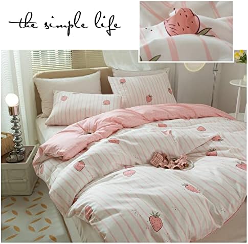 Cute Strawberry Duvet Cover Twin XL Soft 100% Cotton Pink Strawberry Bedding Sets Lightweight Kids Fruit Duvet Cover for Boys Girls Kawaii Bedroom Decor Reversible Pink Plaid Twin XL Bedding Set