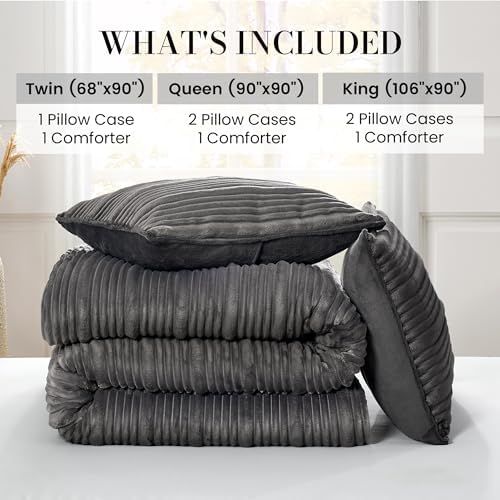 Amélie Home Fluffy King Comforter Set, Ribbed Fleece Bedding Set, Grey