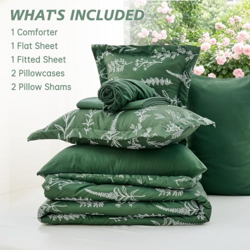 MUXHOMO Oversized Queen Comforter Set, Dark Green Elegant Floral Print Bed in a Bag 7 Pieces, Soft & Breathable Reversible Botanical Pattern Bedding Set with Comforter, Sheets, Pillowcases, and Shams