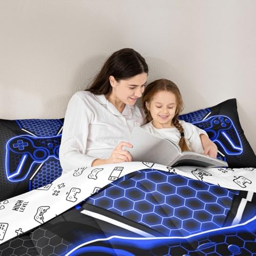 Feelyou Blue and Black Bedding Set King Size Gamer Comforter Set for Kids Game Controller Comforter Teens Honeycomb Duvet Set