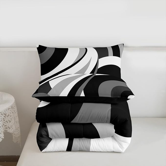 Gray Black White Spiral Queen Comforter Set for Adult Women Men Modern Swirls Stripes Abstract Bedding Set for Minimalists Boho Aesthetic Geometric Bed Sets Graffiti Art Lines Quilt Sets