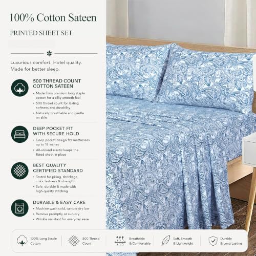 Feather & Stitch 100% Cotton Sateen 500 TC Cal King Size Bed Sheet Set