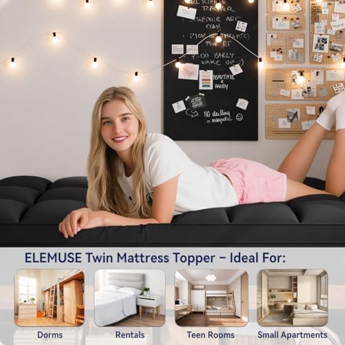 ELEMUSE Twin Black Mattress Topper, Thick Pillow Top Mattress Pad Cover