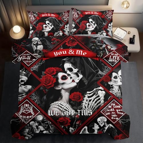 Red Skull Comforter Set Twin Size Women Men Black Goth Bedding Set Girls Gothic Twin Size Comforter Couple Red Rose Couple Bedding Boho Skull Quilt Bedroom Decor