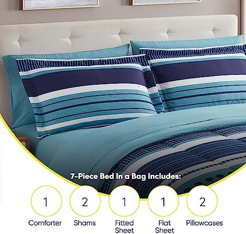 Sweet Home Collection 7 Piece Comforter Set Bag Solid Color All Season Soft Down Alternative Blanket & Luxurious Microfiber Bed Sheets, Marino, King