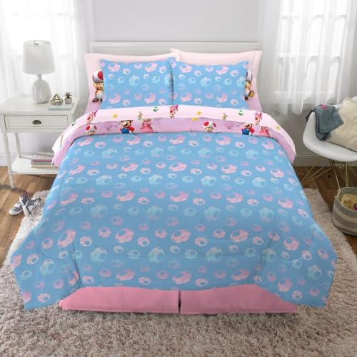 Super Mario Girl Princess Peach Girl Gamer Kids Bedding Super Soft & Cozy Reversible Microfiber Comforter and Sheet Set with Sham, 7 Piece Full Size, (Officially Licensed Product) By Franco